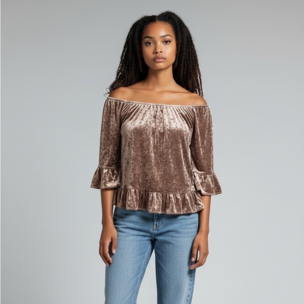 SANCTUARY MAUVE CRUSHED VELVET RUFFLE BLOUSE